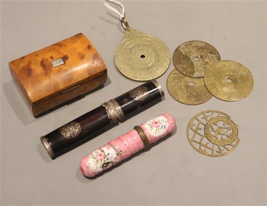 A Persian orrery (?), a tortoiseshell box and two bodkin cases